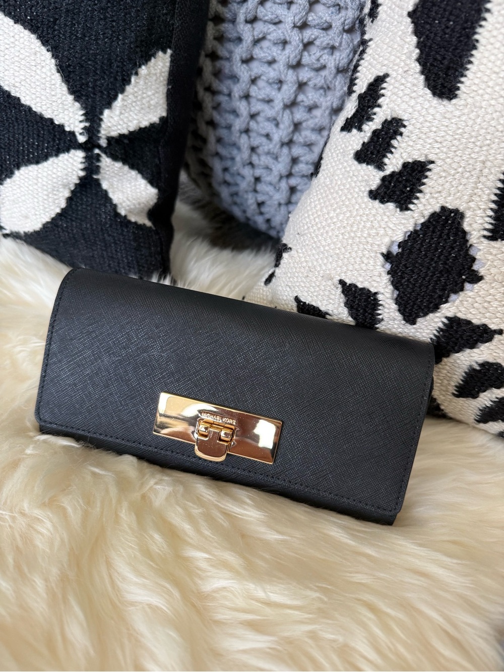 Michael Kors Black Saffiano Leather Wallet with Gold-Tone Lock